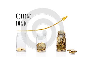 Collage with glass jars with gold coins. Savings, retirement and wealth management concept