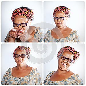 Collage, glasses and black woman with expressions in studio on white background for eyewear, eyesight and funny. Female