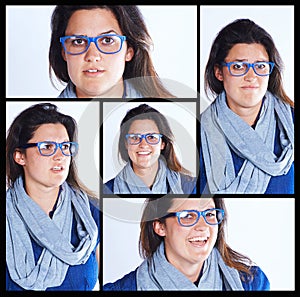 Collage, glasses and girl with expressions in studio on white background for eyewear, eyesight and happy. Female person