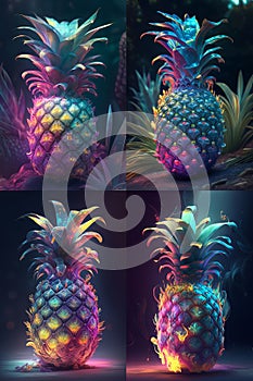 A collage of glowing magical chromatic pinapple generative AI