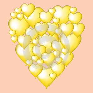 Collage of golden balloons in the shape of heart. Valentine vector card. Design for wedding, anniversary, Valentine`s day, party