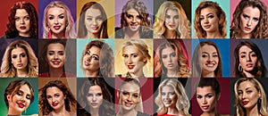 Collage of gorgeous women faces expressing different facial emotions. Studio shot against colorful backgrounds
