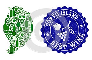 Collage of Grape Wine Map of Corvo Island and Best Wine Grunge Seal
