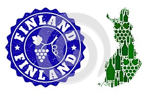 Collage of Grape Wine Map of Finland and Grape Grunge Stamp