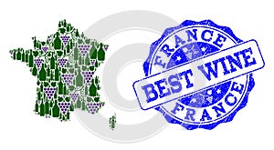 Collage of Grape Wine Map of France and Best Wine Stamp
