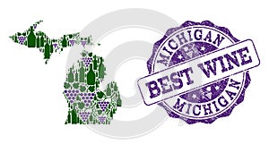 Collage of Grape Wine Map of Michigan State and Best Wine Stamp