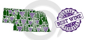 Collage of Grape Wine Map of Nebraska State and Best Wine Stamp