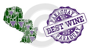 Collage of Grape Wine Map of Paraguay and Best Wine Stamp