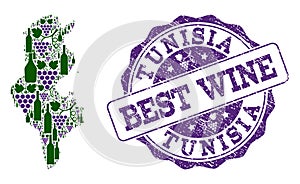 Collage of Grape Wine Map of Tunisia and Best Wine Stamp