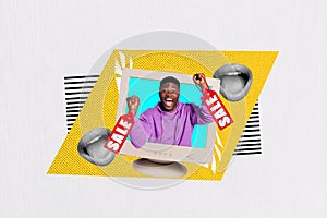 Collage graphics picture of lucky excited guy growing vintage display announcing black friday sale isolated white color