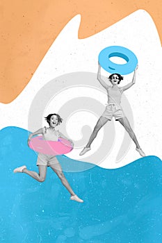 Collage graphics poster advert of two black white filter ladies hold swim rubber rings summer resort enjoyment concept