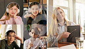 Collage. Group of kids, students studying by group video call, use video conference with each other and teacher. Online