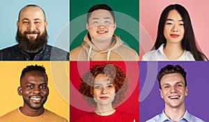Collage of group of multiethnic young people on multicolored background. Concept of emotions, facial expressions.