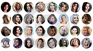 Collage group portraits of young caucasian girls for social media network. Set of round female avatar isolated on a white