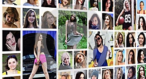 Collage group portraits of young caucasian girls for social media network. Set of round female pics isolated on a white background