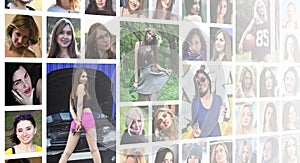 Collage group portraits of young caucasian girls for social media network. Set of round female pics isolated on a white background