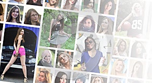 Collage group portraits of young caucasian girls for social media network. Set of round female pics isolated on a white background