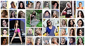 Collage group portraits of young caucasian girls for social media network. Set of round female pics isolated on a white background