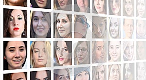 Collage group portraits of young caucasian girls for social media network. Set of square female avatar isolated on a white