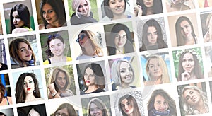 Collage group portraits of young caucasian girls for social media network. Set of square female avatar isolated on a white