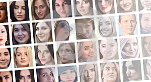 Collage group portraits of young caucasian girls for social media network. Set of square female avatar isolated on a white