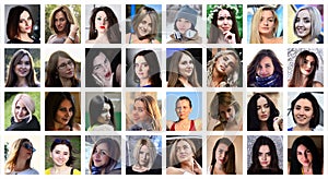 Collage group portraits of young caucasian girls for social media network. Set of square female avatar isolated on a white