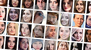 Collage group portraits of young caucasian girls for social media network. Set of square female avatar isolated on a white