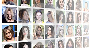 Collage group portraits of young caucasian girls for social media network. Set of square female avatar isolated on a white