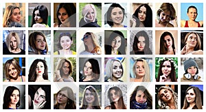 Collage group portraits of young caucasian girls for social media network. Set of square female avatar isolated on a white