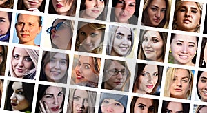 Collage group portraits of young caucasian girls for social media network. Set of square female avatar isolated on a white