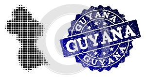 Collage of Halftone Dotted Map of Guyana and Grunge Stamp Watermark