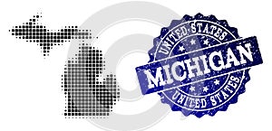 Collage of Halftone Dotted Map of Michigan State and Grunge Stamp Watermark