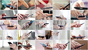 Collage of hand using modern touchscreen smart phone