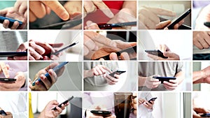 Collage of hand using modern touchscreen smart phone