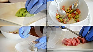 Collage of hands of professional chef cooking ceviche
