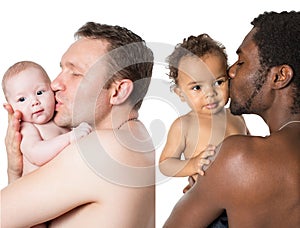 Collage of happy black and caucasian father and baby cuddling on isolated white background Use it for a child, parenting