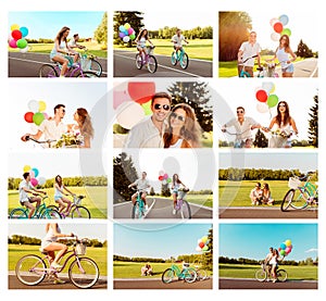 Collage of happy couple in love riding bicycle with balloons