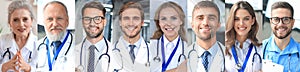 Collage of happy doctors with stethoscopes in a row.