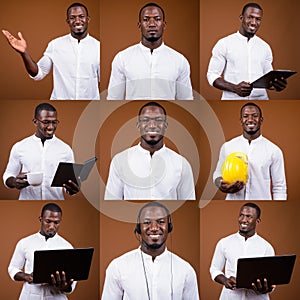 Collage of happy handsome African businessman working