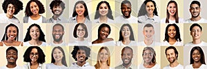 Collage With Happy Multicultural Men And Woman Posing Over Light Pastel Backgrounds