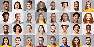 Collage Of Happy Multiracial People Faces On Gray Backgrounds photo