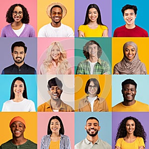 Collage of happy multiracial young people avatars on studio backgrounds