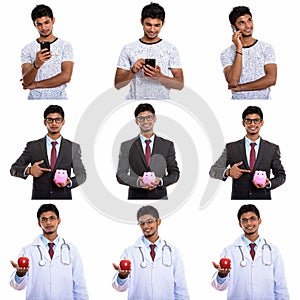 Collage of happy young handsome Indian man in different occupations