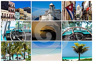 Collage from Havana Cuba with architecture beach and classic cars