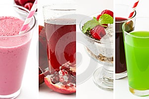 Collage healthy drinks and food.