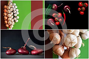 Collage of healthy food fresh onion