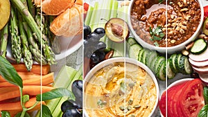 Collage of healthy vegan snacks and dips. Party food with copy space. Clean diet eating, veggie serving table