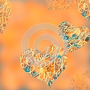 Collage of hearts and words of love on a orange gradient background with words of love. Abstract card for Valentine Day