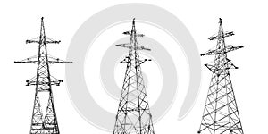 Collage with high voltage towers isolated. Electric power transmission