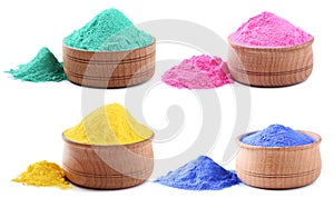 Collage of holi powders in bowls